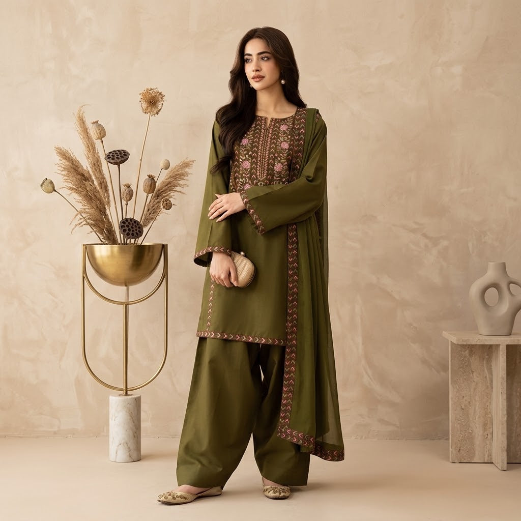 Women’s winter 3 piece embroidered Dhanak suit with chak patti shirt, embroidered sleeves, pallu patch shawl and plain trouser
