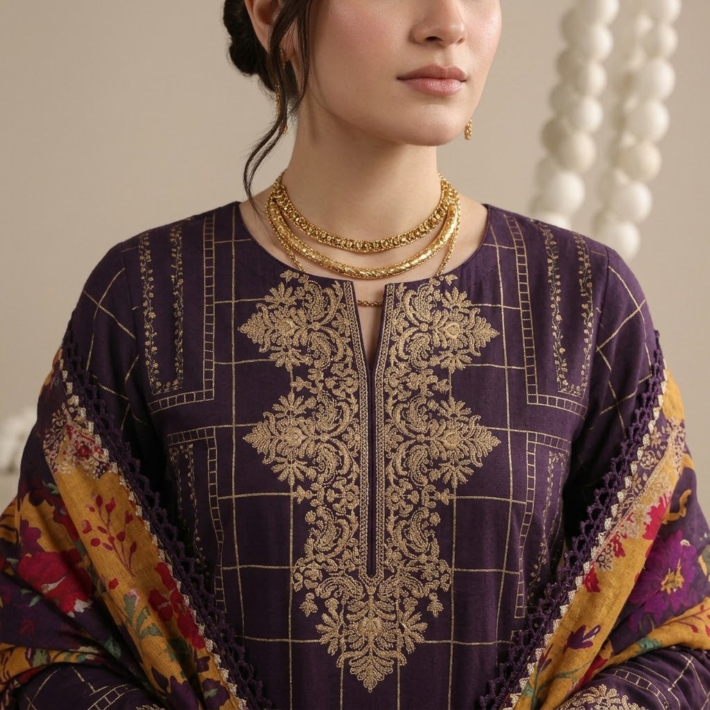 Premium Dhanak 3 Piece Embroidered Suit with Daman Patch & Printed Shawl WS-55
