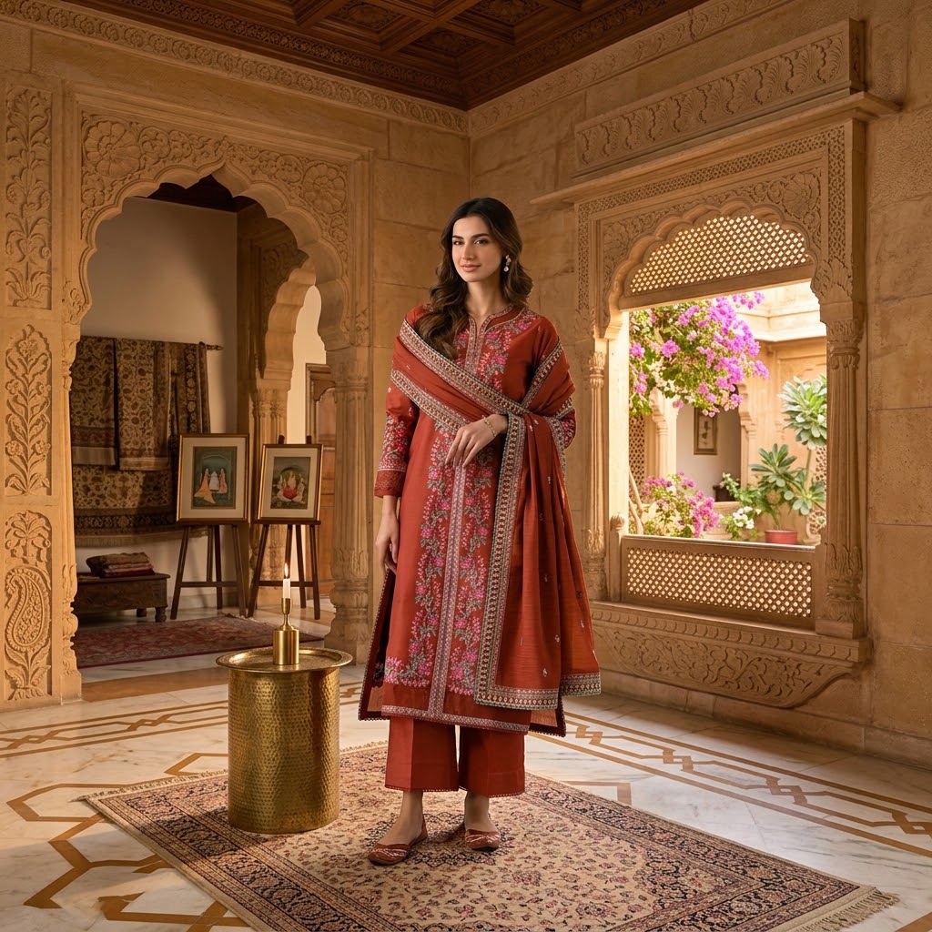 Premium quality Dhanak embroidered 3 piece suit with embroidered shirt sleeves pallu patch shawl and plain trouser