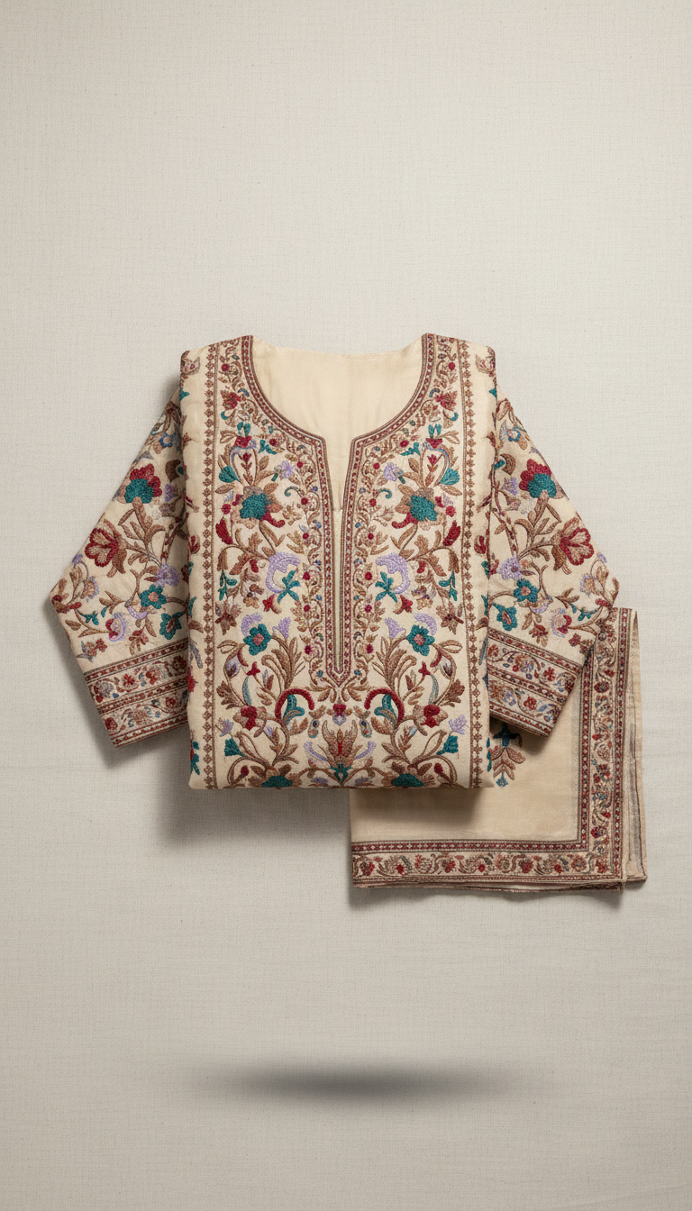 Wheat Silk classic embroidered kameez and dupatta set