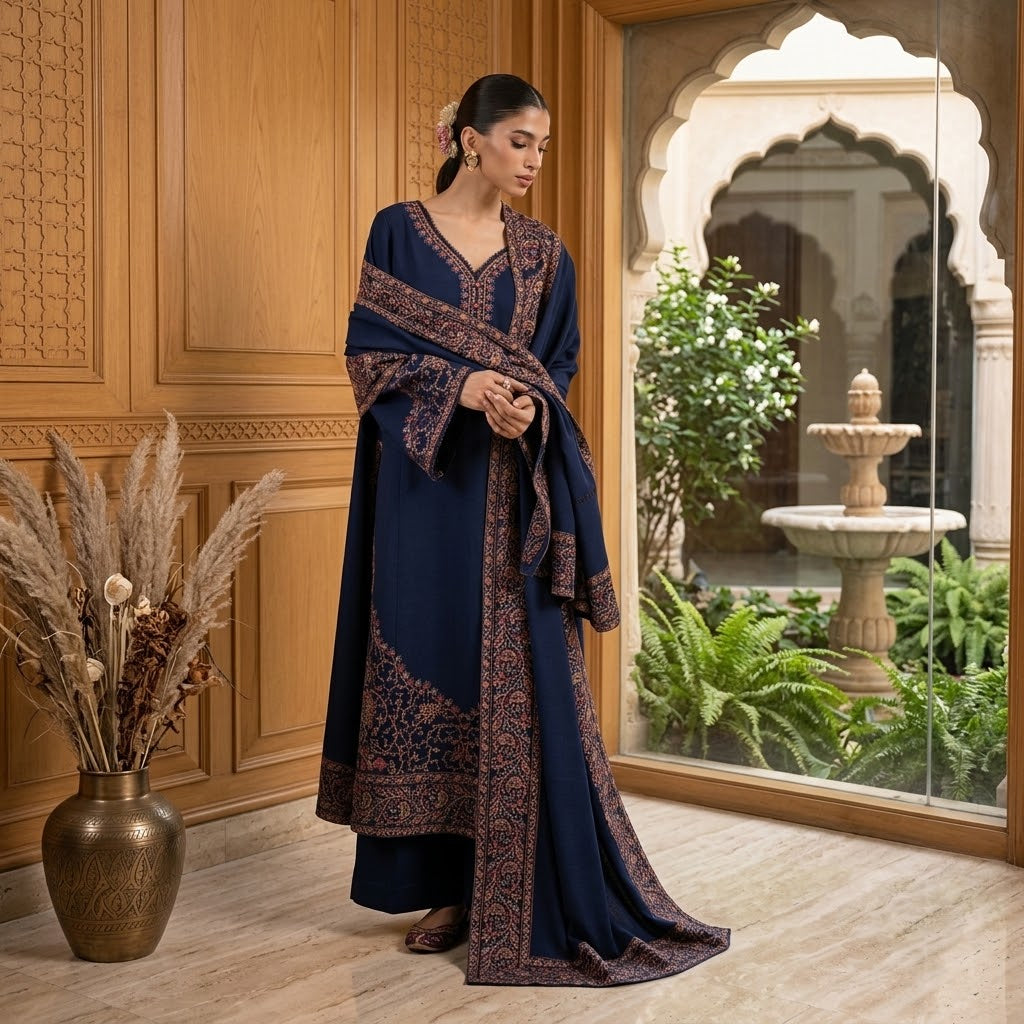Women's Winter Embroidered Dhanak 3 Piece Suit with Embroidered ShawlWS-44