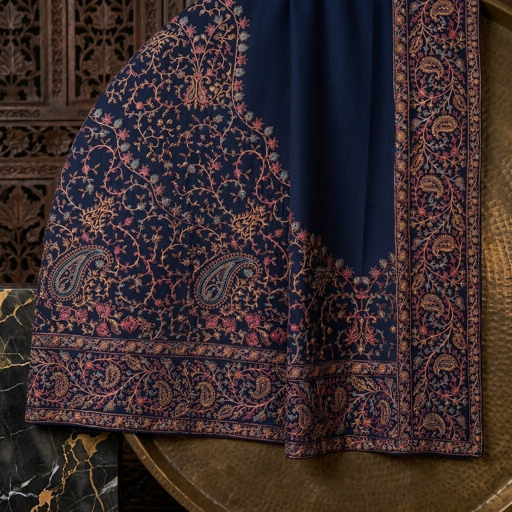 Women's winter embroidered Dhanak 3 piece unstitched suit with daman patch and embroidered shawl with pallu patch