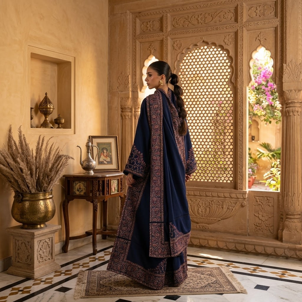 Women's Winter Embroidered Dhanak 3 Piece Suit with Embroidered ShawlWS-44