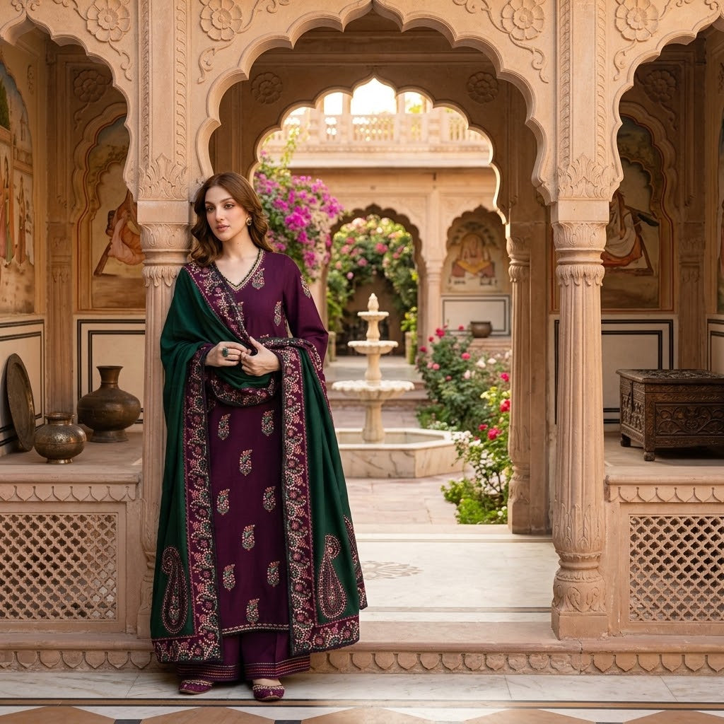 Women's Winter Embroidered Dhanak 3 Piece Suit with Ready-to-Wear Shawl WS-40