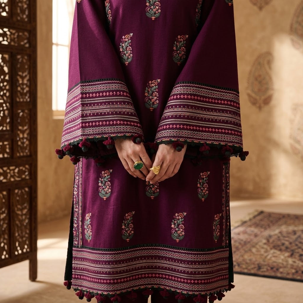 Women's winter embroidered Dhanak 3 piece unstitched suit with neck and daman patches and ready-to-wear embroidered shawl
