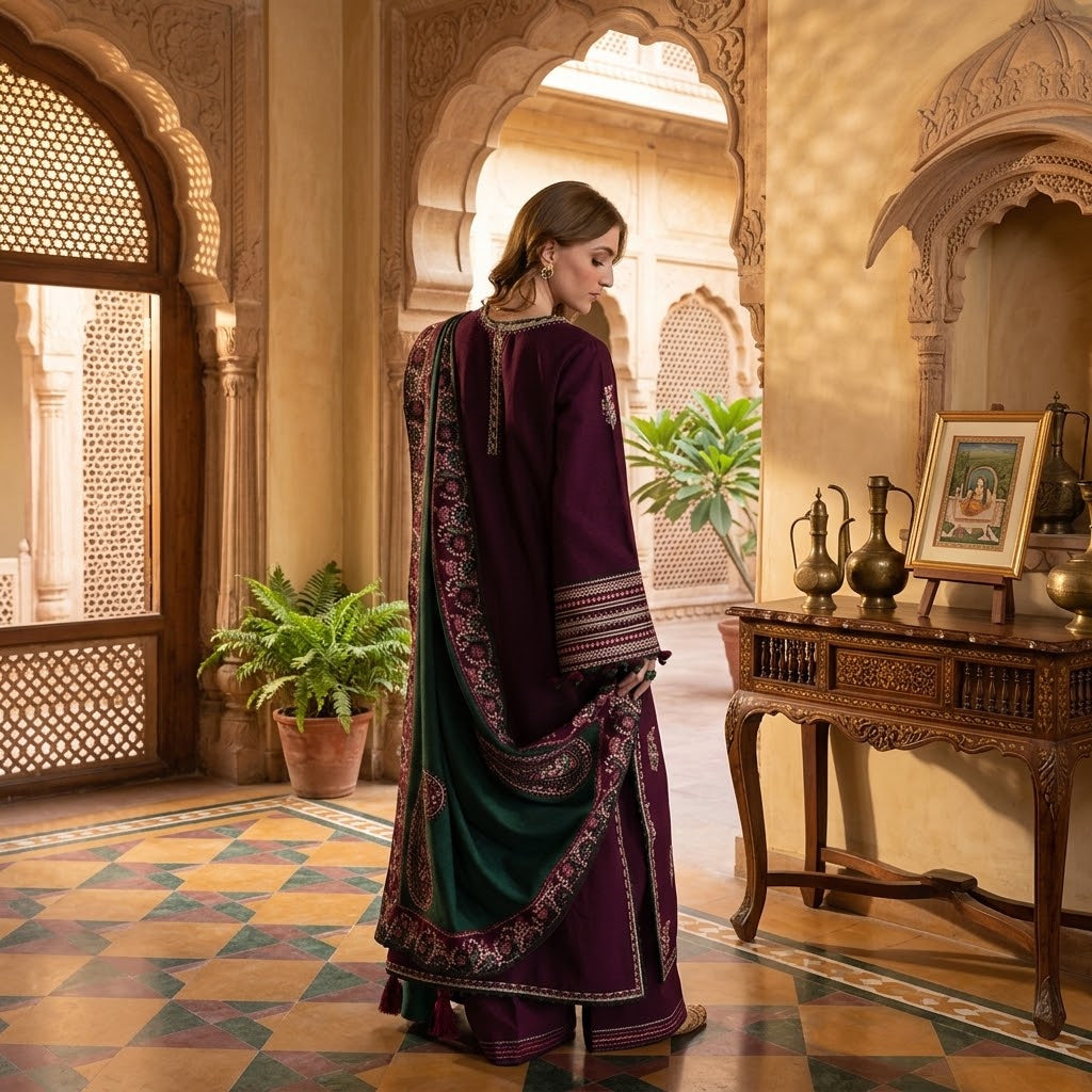 Women's Winter Embroidered Dhanak 3 Piece Suit with Ready-to-Wear Shawl WS-40