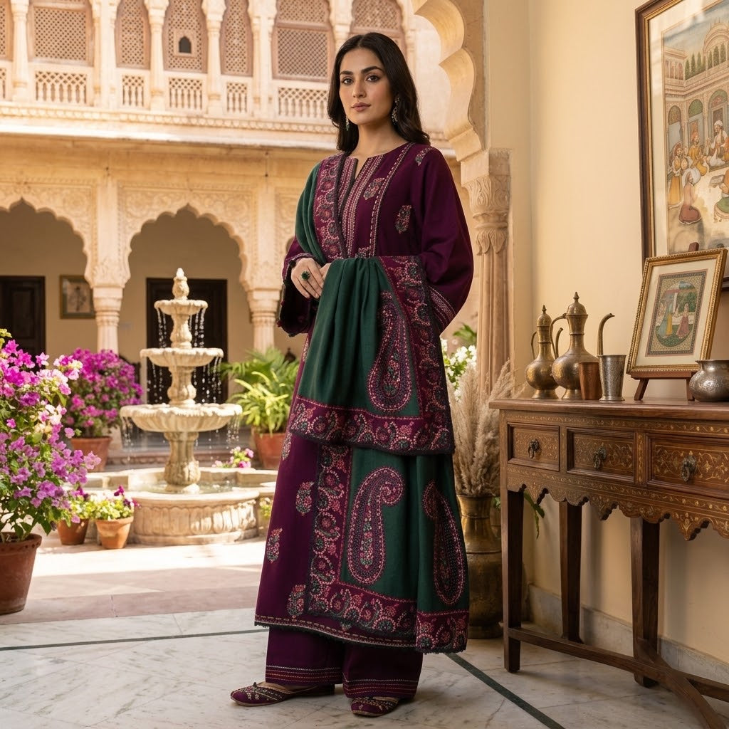 Women's Winter Embroidered Dhanak 3 Piece Suit with Ready-to-Wear Shawl WS-40