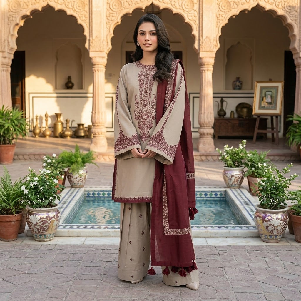 Premium Dhanak Embroidered 3-Piece Suit with Lace Shawl WS-45