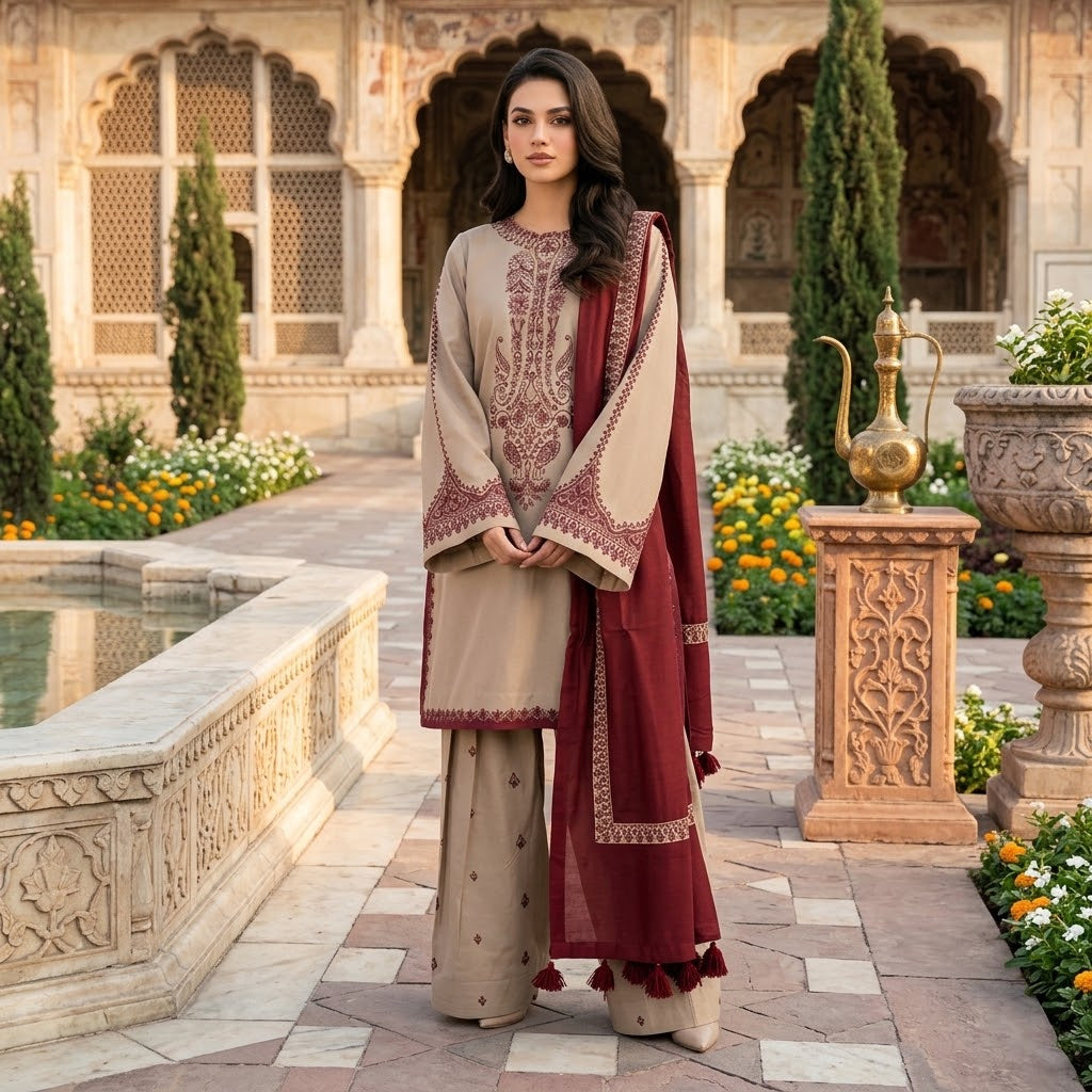 Premium Dhanak embroidered 3 piece suit with embroidered shirt sleeves shawl lace and trouser by ILSA Studio
