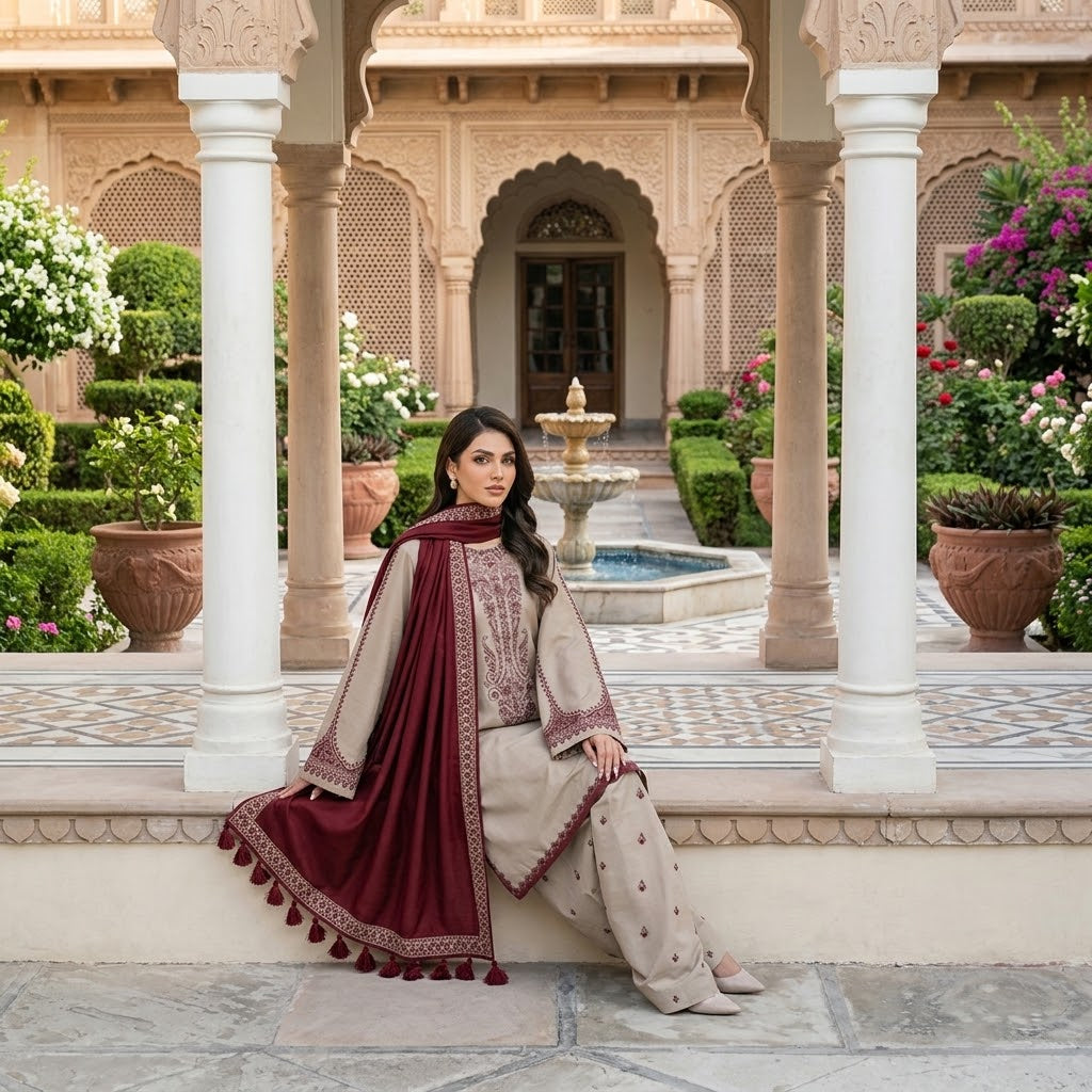 Premium Dhanak Embroidered 3-Piece Suit with Lace Shawl WS-45