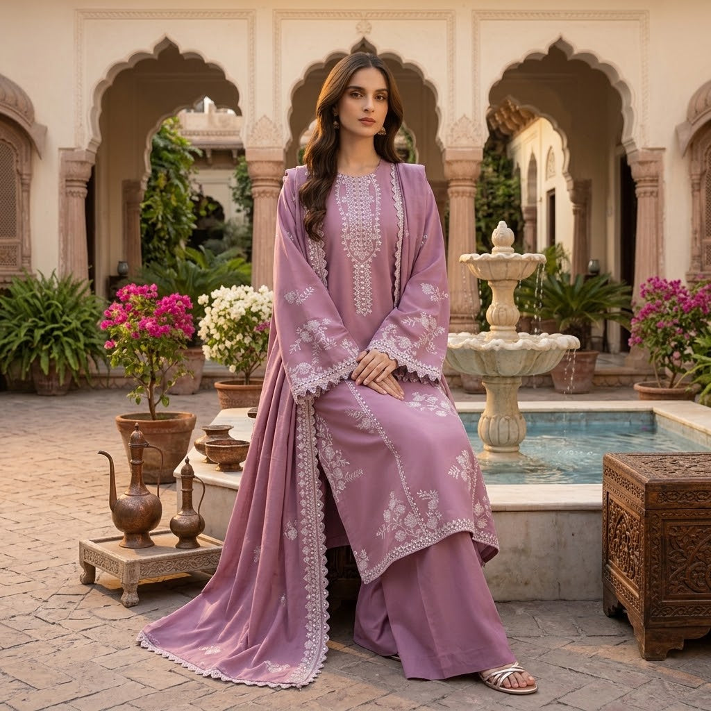 Premium Dhanak Embroidered 3-Piece Suit WS-47