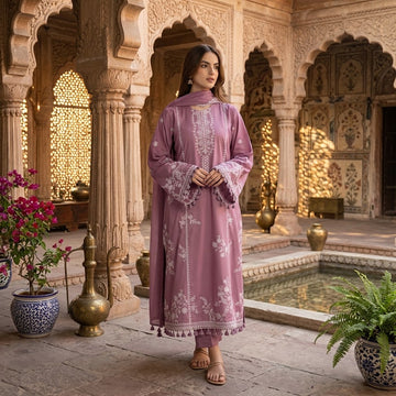 Premium quality Dhanak embroidered 3 piece suit with daman patch embroidered sleeves shawl and plain trouser