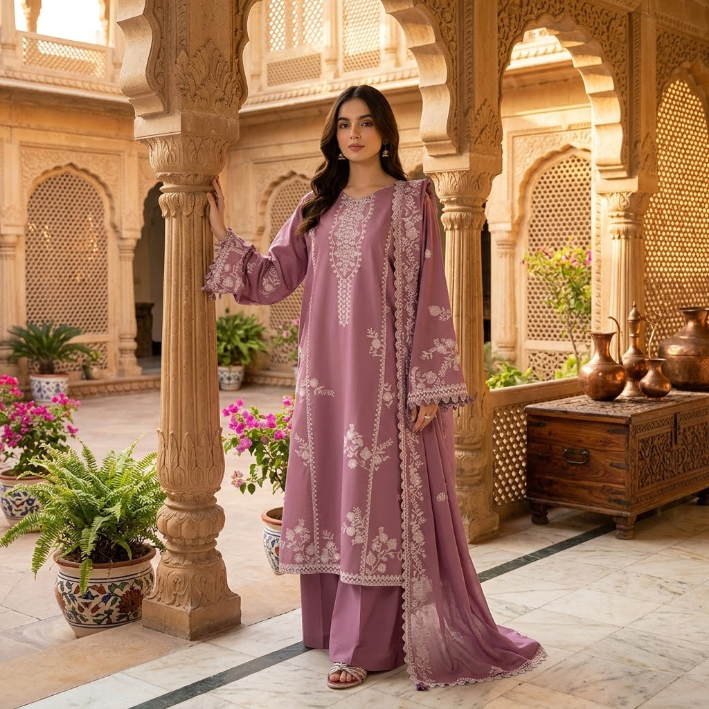 Premium Dhanak Embroidered 3-Piece Suit WS-47
