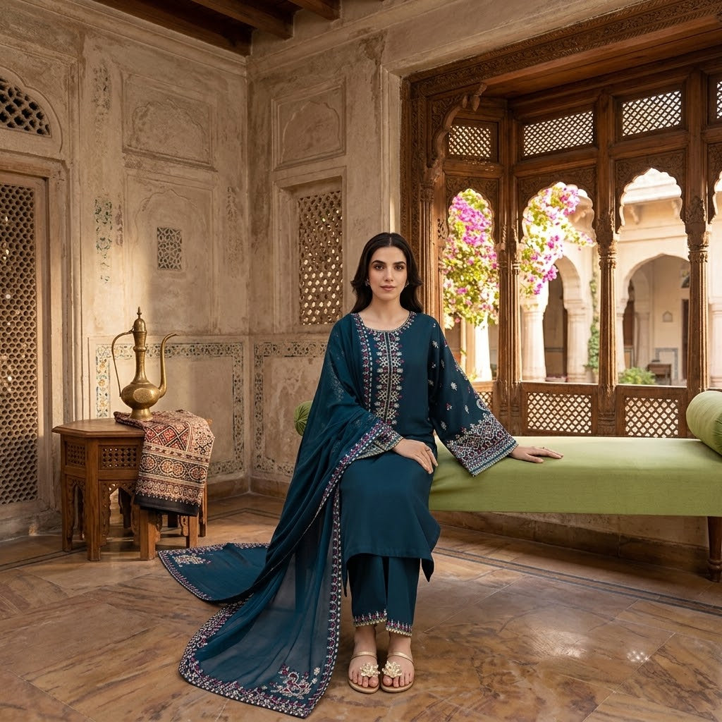 Women's Winter Embroidered Dhanak 3 Piece Suit with Embroidered Shawl WS-42