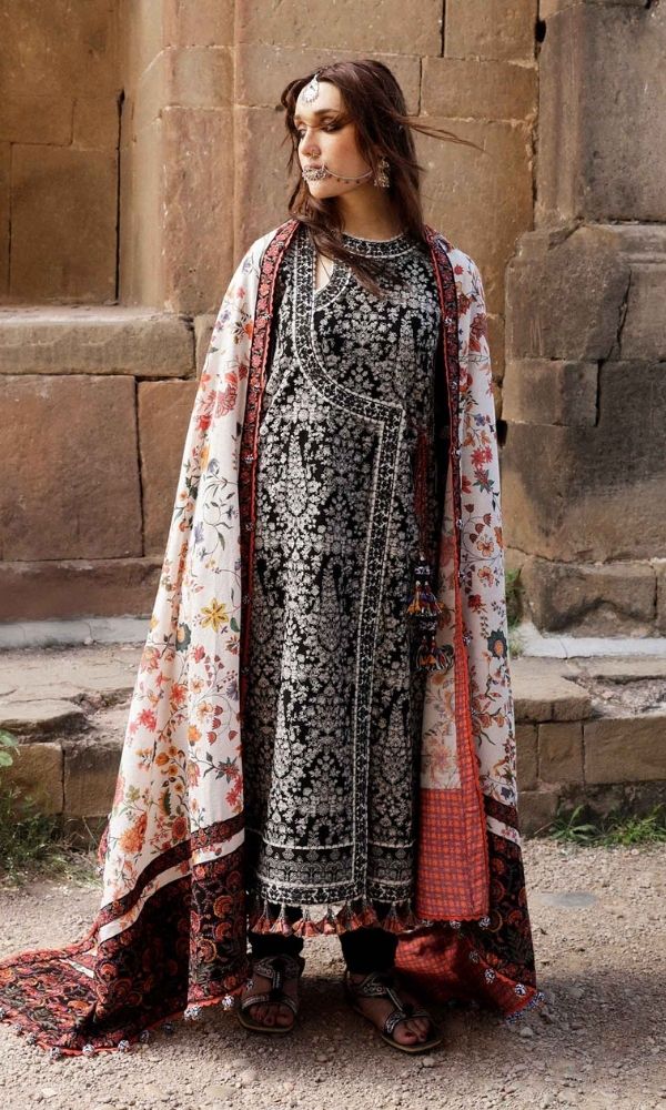Dhanak 3pc unstitched heavy embroidered suit with digital printed wool shawl