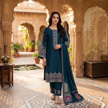 Women's winter embroidered Dhanak 3 piece unstitched suit with daman patch and embroidered shawl with pallu patch
