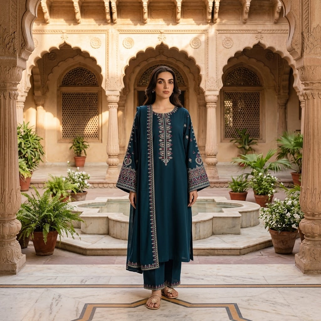 Women's Winter Embroidered Dhanak 3 Piece Suit with Embroidered Shawl WS-42