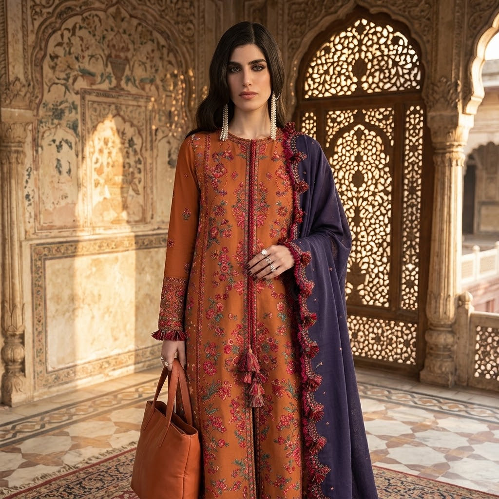 Premium Dhanak embroidered 3 piece suit with daman patch embroidered sleeves pallu shawl and plain trouser by ILSA Studio