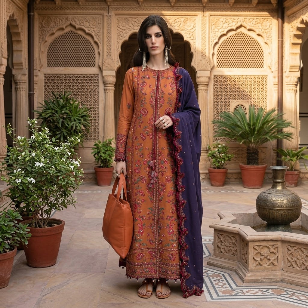 Premium Dhanak embroidered 3 piece suit with daman patch embroidered sleeves pallu shawl and plain trouser by ILSA Studio