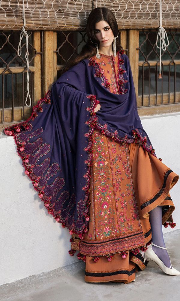 Premium Dhanak Embroidered 3-Piece Suit with Pallu Shawl WS-46