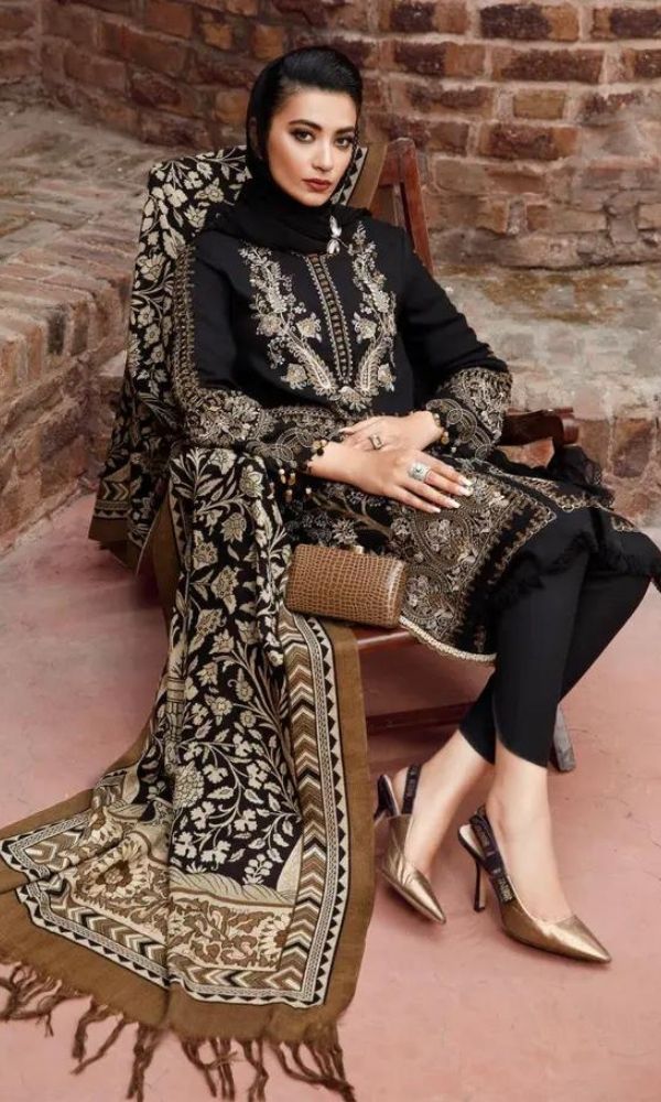 Dhanak 3pc unstitched embroidered suit with printed wool shawl