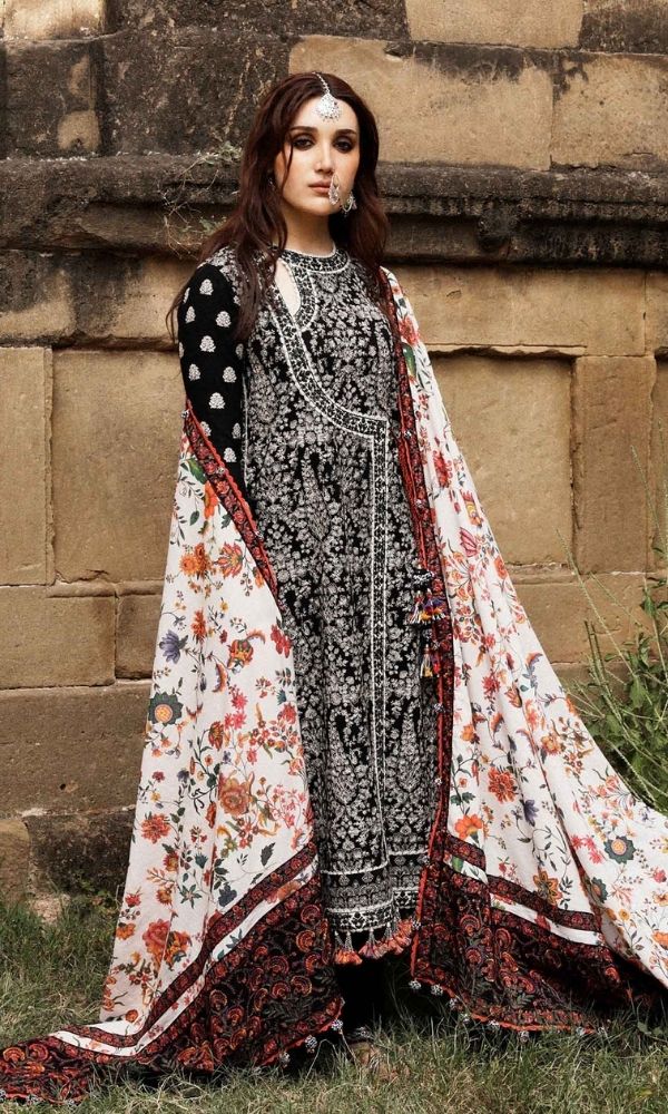 Dhanak 3pc unstitched heavy embroidered suit with digital printed wool shawl