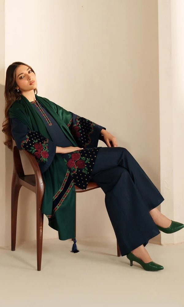 Dhanak 3pc unstitched embroidered suit with velvet patches