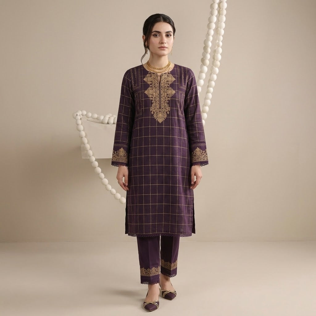 Premium Dhanak 3 Piece Embroidered Suit with Daman Patch & Printed Shawl WS-55
