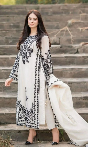 Dhanak 3pc unstitched heavy embroidered suit with dhanak embroidered shawl
