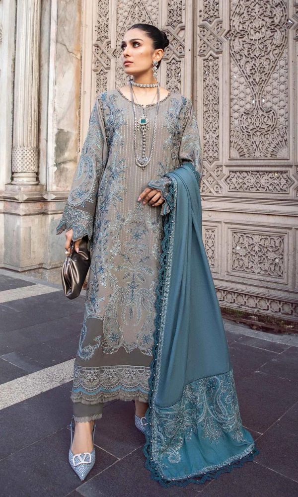 Dhanak 3pc unstitched heavy sequence embroidered suit with embroidered shawl