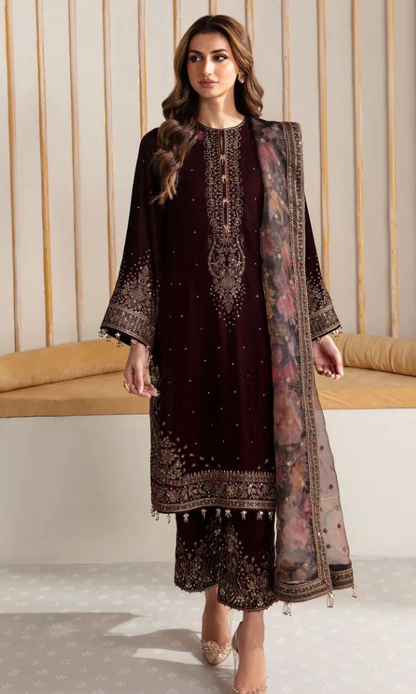 velvet 3pc unstitched heavy sequence embroidered suit with patches and embroidered dupatta and embroidered trouser