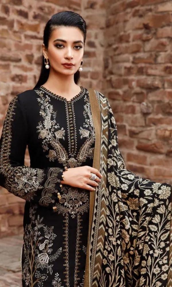 Dhanak 3pc unstitched embroidered suit with printed wool shawl