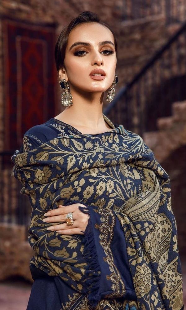 Dhanak unstitched 3pc heavy embroidered shirt with printed wool shawl