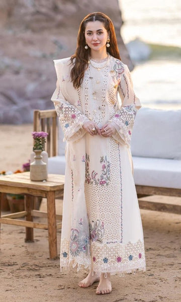 Dhanak 3pc unstitched heavy embroidered suit with patches and motifs and khaadi jacquard dupatta