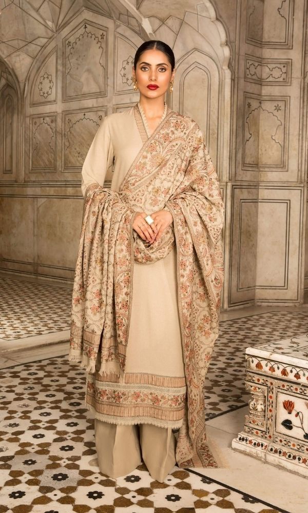 Dhanak unstitched 3pc heavy embroidered shirt with heavy embroidered shawl