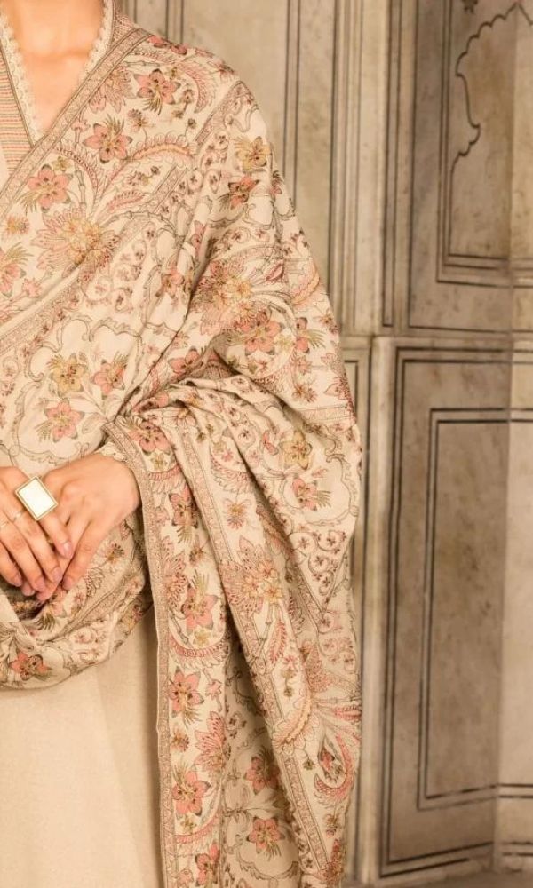 Dhanak unstitched 3pc heavy embroidered shirt with heavy embroidered shawl