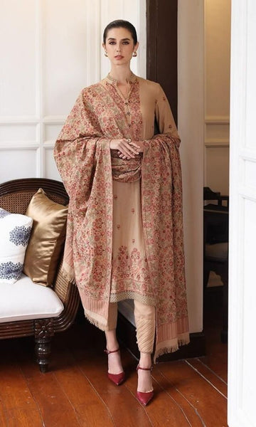Dhanak 3pc unstitched heavy embroidered shirt with heavy embroidered shawl
