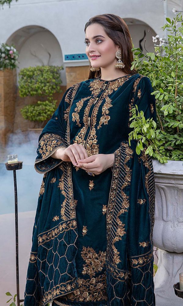 Velvet 3pc unstitched sequence embroidered shirt with velvet embroidered shawl