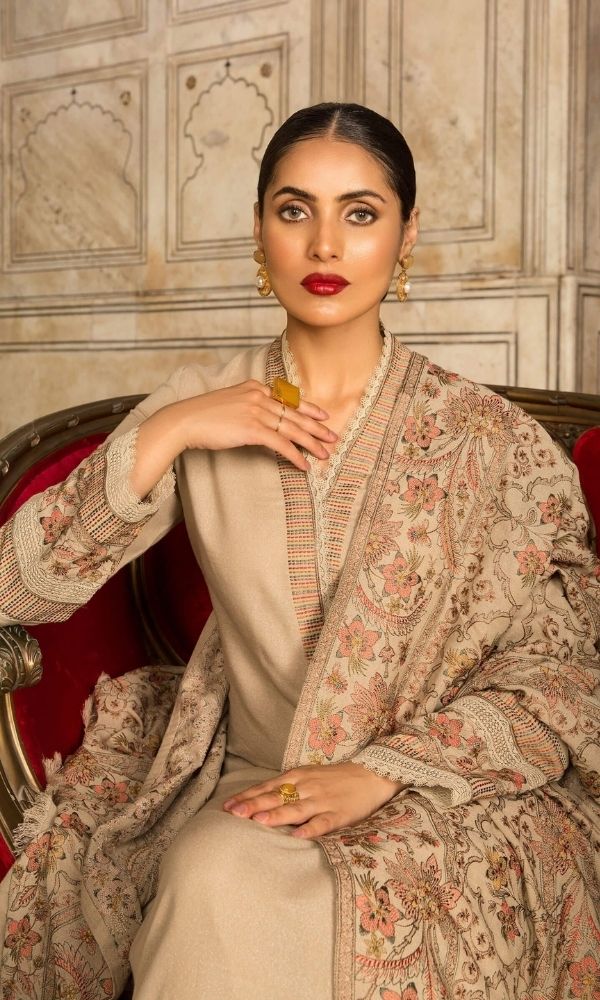 Dhanak unstitched 3pc heavy embroidered shirt with heavy embroidered shawl