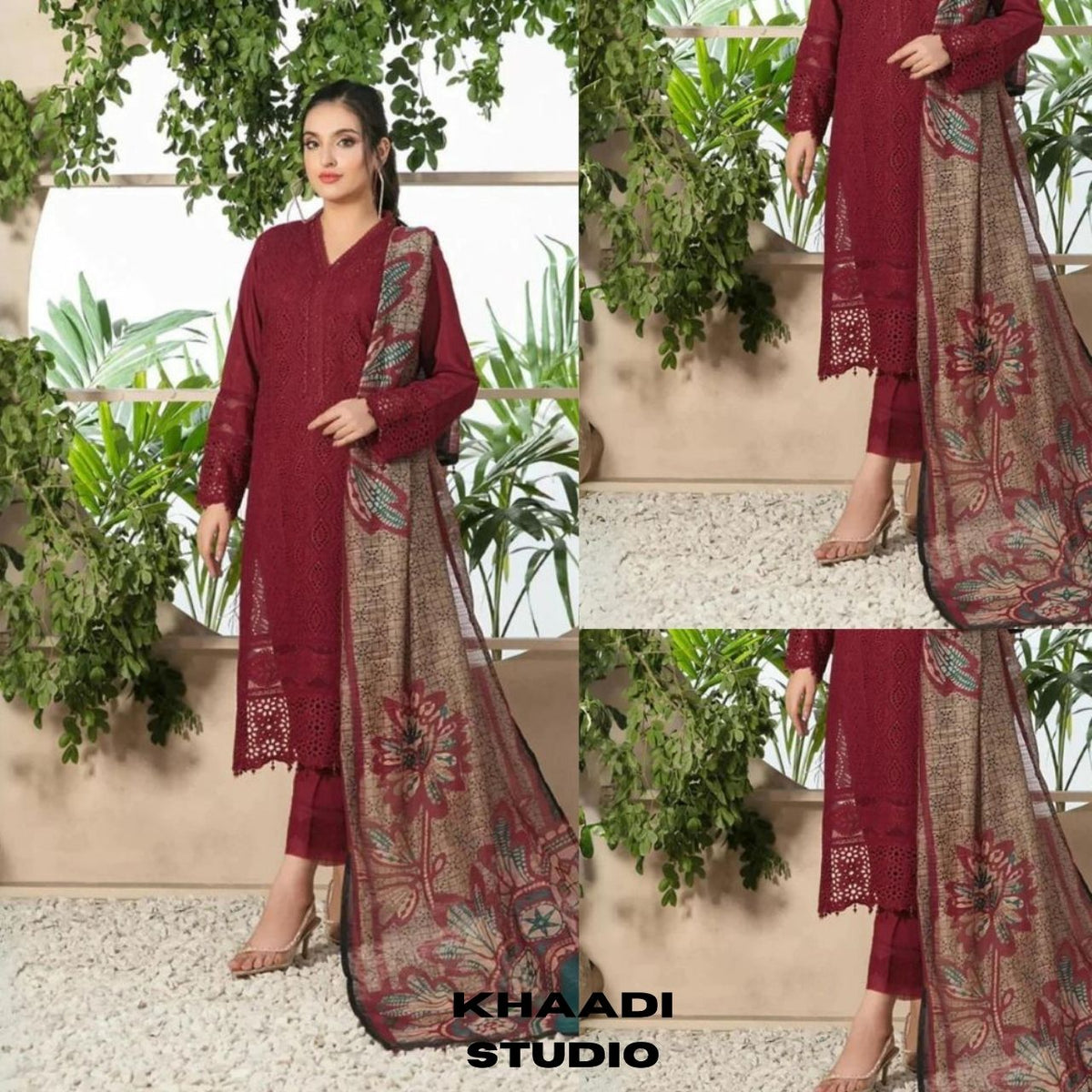 Lawn 3pc chikankari embroidered suit with monar printed dupatta