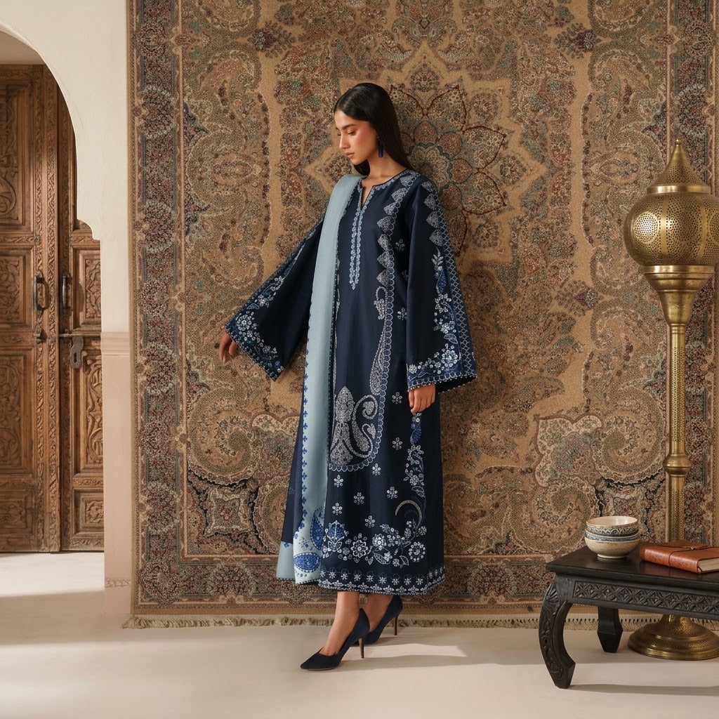 Women's winter embroidered Dhanak 3 piece unstitched suit with daman patch and digital printed poly wool shawl
