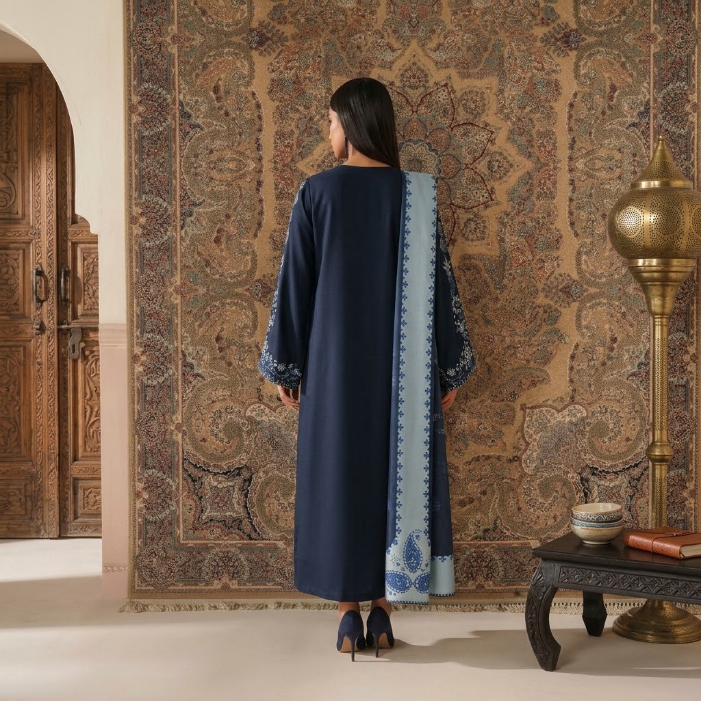 Women's winter embroidered Dhanak 3 piece unstitched suit with daman patch and digital printed poly wool shawl
