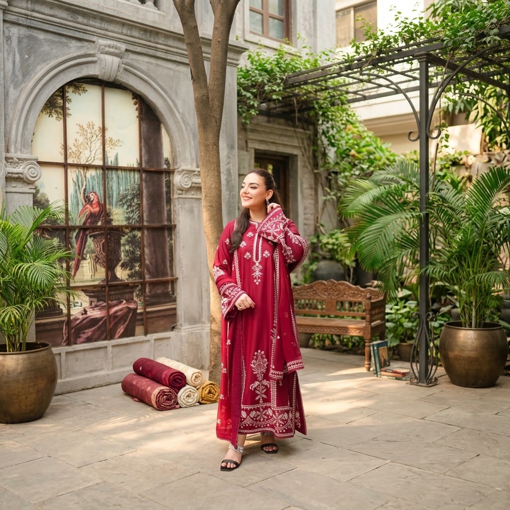 Women's winter embroidered Dhanak 3 piece unstitched suit with daman patch and embroidered shawl with pallu patch