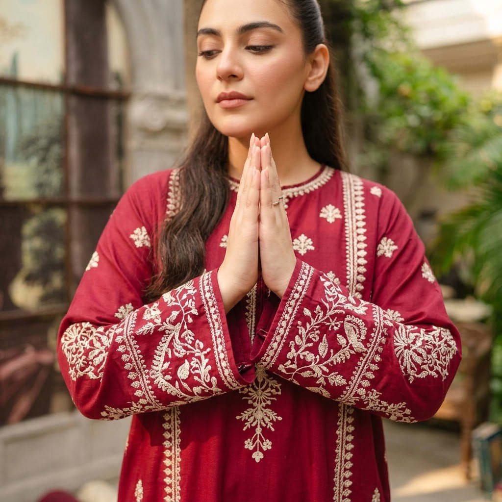 Women's winter embroidered Dhanak 3 piece unstitched suit with daman patch and embroidered shawl with pallu patch