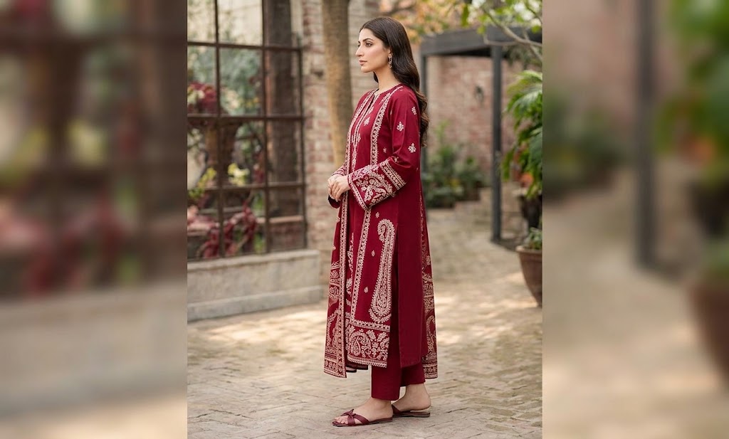 Women's Winter Embroidered Dhanak 3 Piece Unstitched Suit with Pallu Patch Shawl WS-62