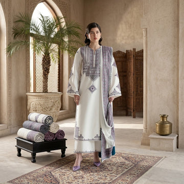 Women's winter embroidered Dhanak 3 piece unstitched suit with embroidered shawl