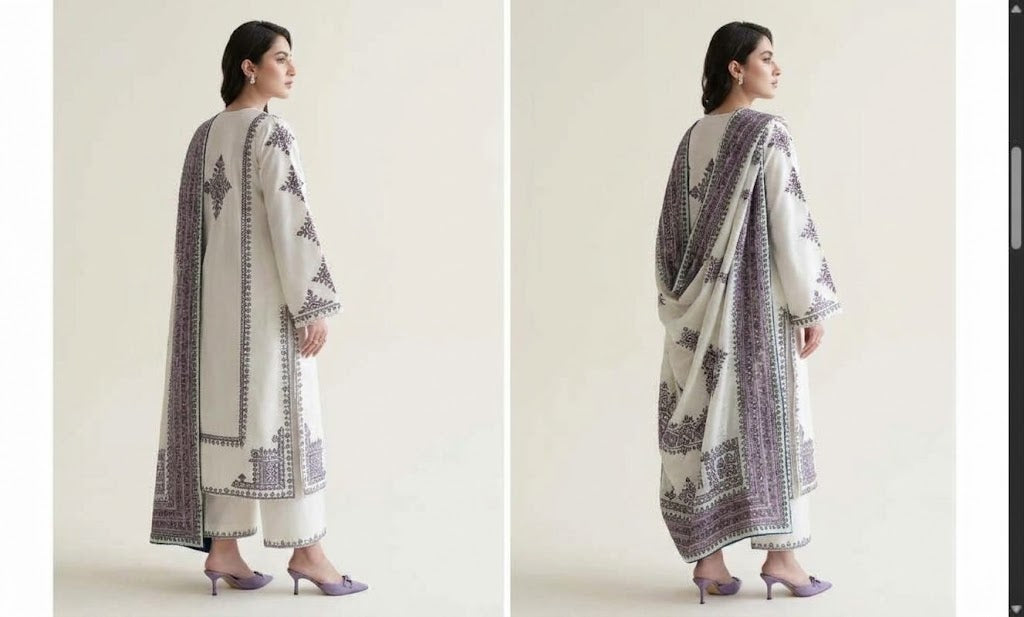 Women's Winter Embroidered Dhanak 3 Piece Unstitched Suit with Embroidered Shawl WS-63