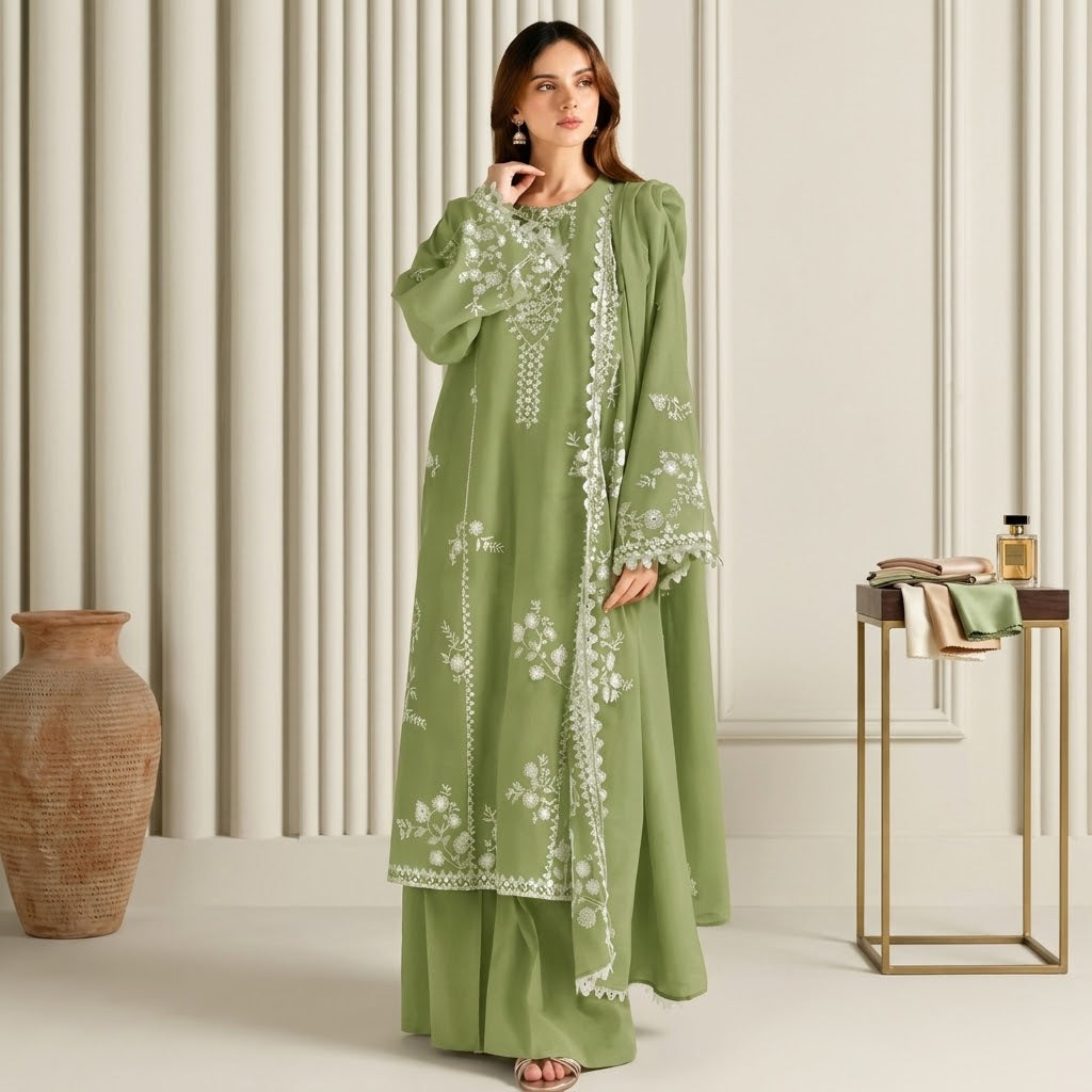 Premium Dhanak embroidered shirt with chak and daman lace
Dhanak embroidered sleeves for 3 piece suit
Premium Dhanak embroidered shawl
Plain Dhanak backside for 3 piece suit
Plain Dhanak trouser
Premium Dhanak 3 piece embroidered suit with shawl and trouser