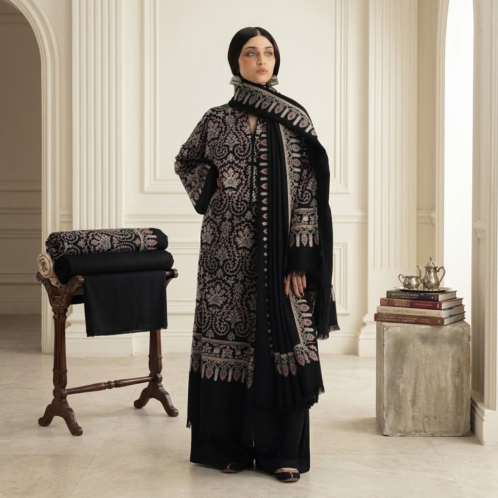 Premium Dhanak embroidered shirt with chak and daman patch
Dhanak embroidered sleeves for 3 piece suit
Dhanak embroidered shawl with pallu patch
Plain Dhanak backside for 3 piece suit
Plain Dhanak trouser
Premium Dhanak 3 piece embroidered suit with pallu and daman patches