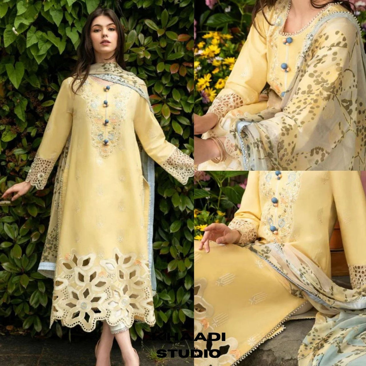 Lawn 3pc unstitched chikankari embroidered suit with digital printed dupatta